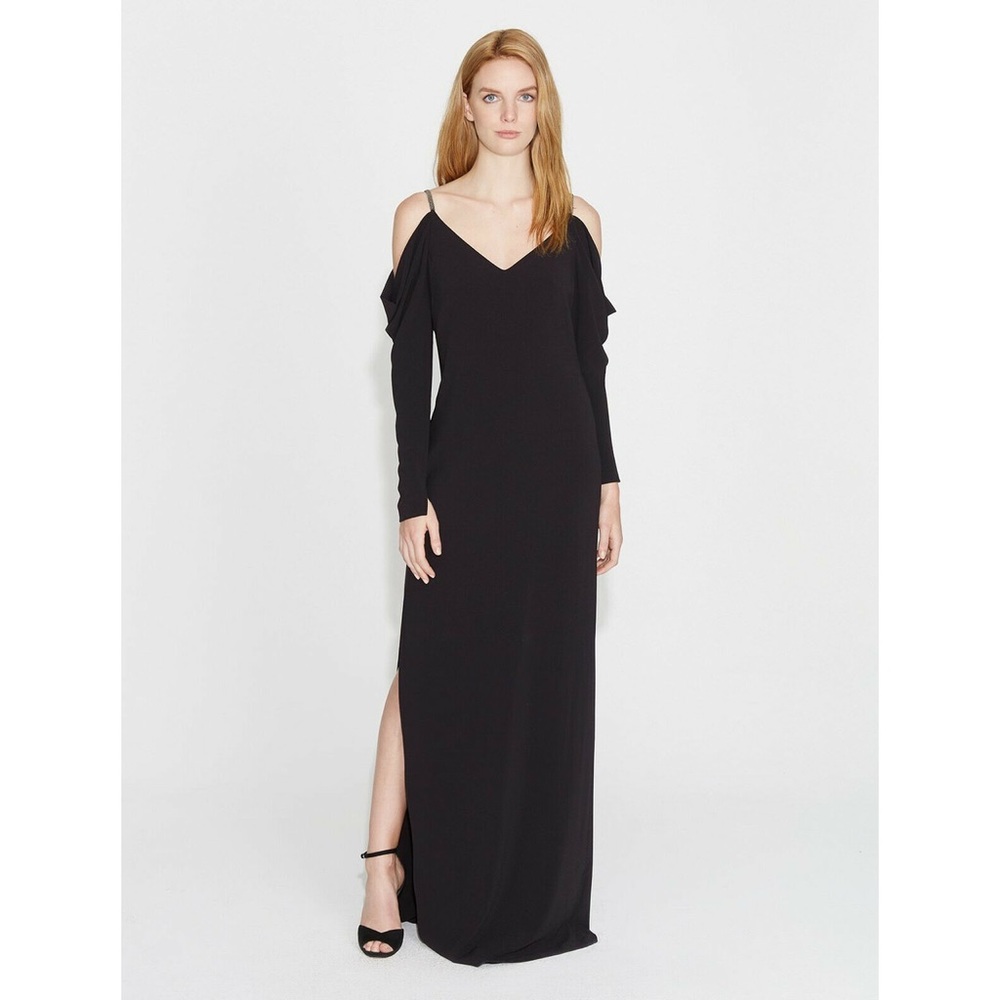 Halston Heritage Black Cold Shoulder Draped Sleeve Crepe Gown Size 2